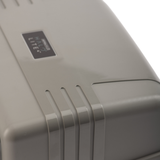 Close-up high angle view of the durable grey plastic casing on an AstralPool Halo Lite 4 pool light controller, highlighting the design details and the product logo badge.