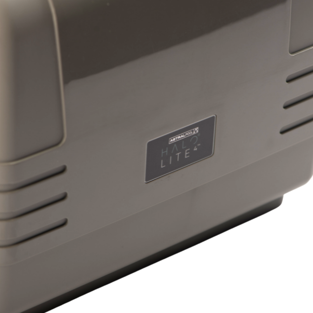 Close-up angled view of the official branding logo and label on an AstralPool Halo Lite 4 pool light controller unit.
