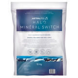 AstralPool Halo Mineral Switch 10kg bag, a multi-magnesium blend for converting saltwater or chlorine pools to mineral pools, featuring detailed product instructions and wellness icons.
