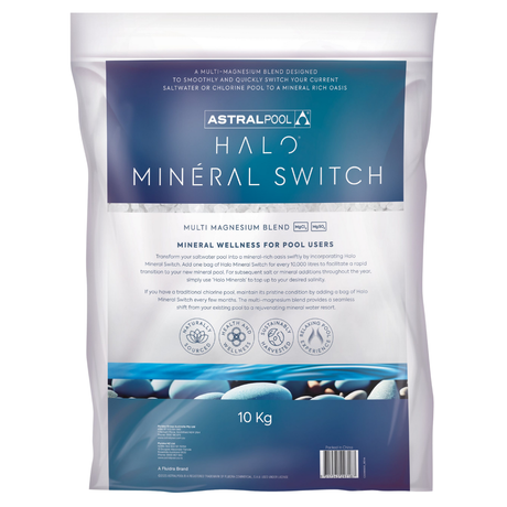 AstralPool Halo Mineral Switch 10kg bag, a multi-magnesium blend for converting saltwater or chlorine pools to mineral pools, featuring detailed product instructions and wellness icons.