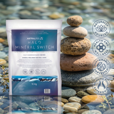 AstralPool Halo Mineral Switch 10kg bag displayed with balanced river stones and icons for Naturally Sourced, Health and Wellness, Sustainably Harvested, and Relaxing Pool Experience.