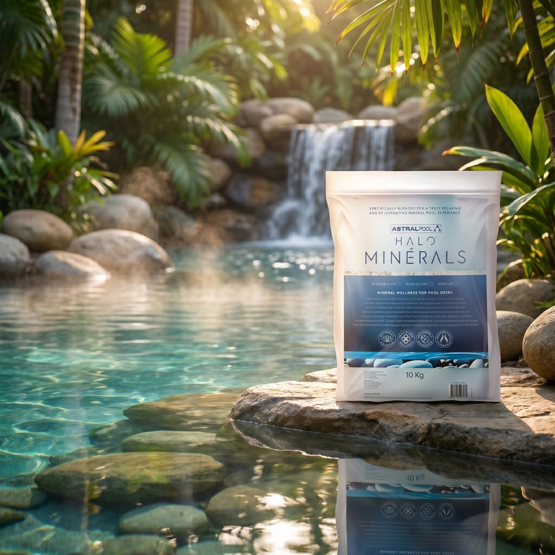 A 10kg bag of AstralPool Halo Minerals wellness blend placed on a rock edge next to a tropical natural-style swimming pool with a waterfall and lush greenery.