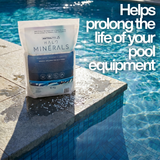 A bag of AstralPool Halo Minerals poolside with text overlay: "Helps prolong the life of your pool equipment," highlighting the protective benefits of magnesium-rich mineral blends.