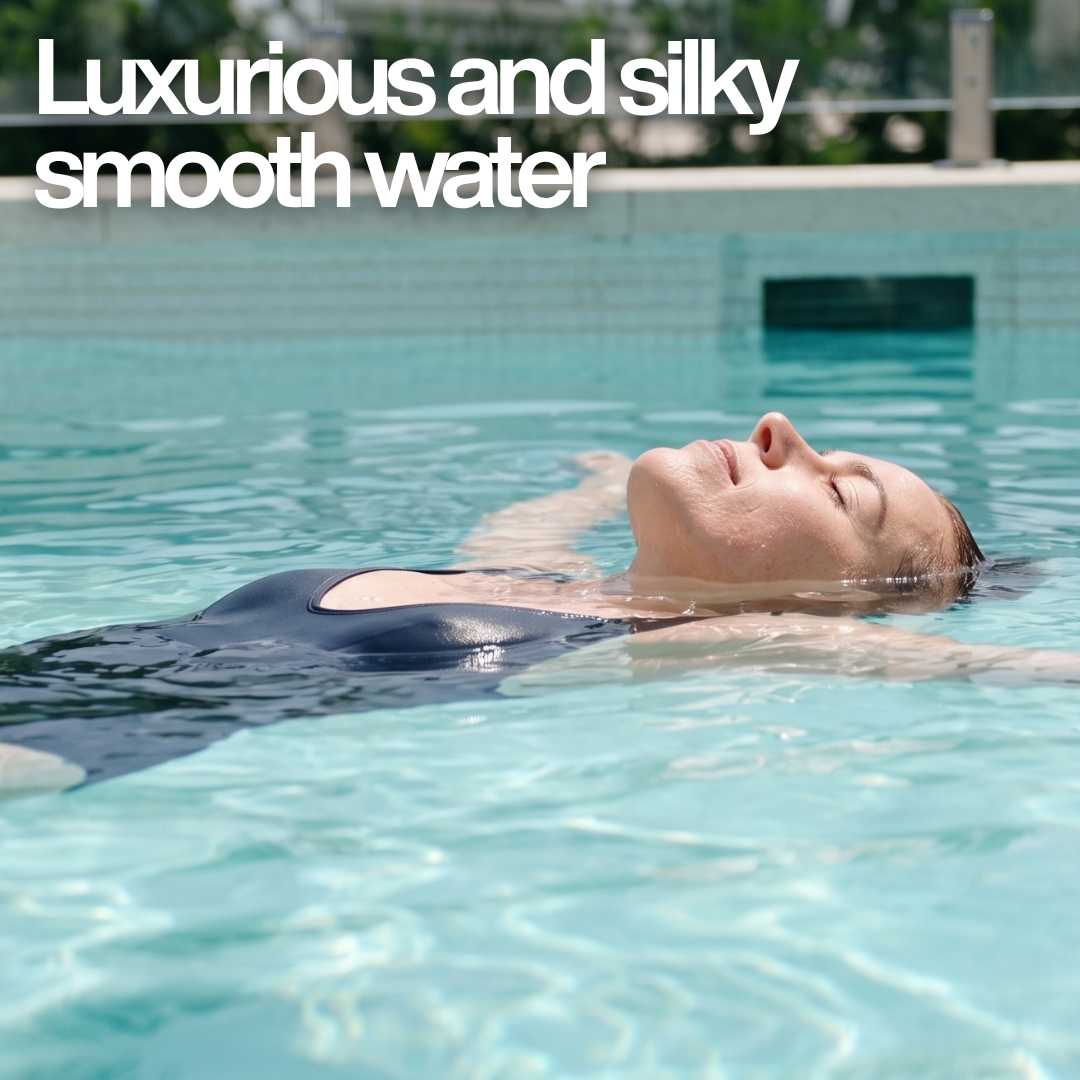 A woman floating in a clear swimming pool with text overlay: "Luxurious and silky smooth water," highlighting the skin-softening benefits of AstralPool Halo Minerals.