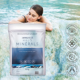 10kg bag of AstralPool Halo Minerals shown with a woman relaxing in a natural rock pool, featuring icons for Naturally Sourced, Health and Wellness, Sustainably Harvested, and Relaxing Pool Experience.