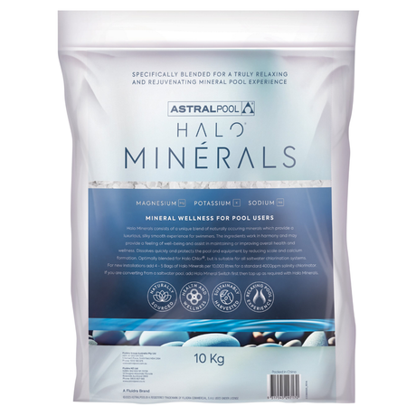 10kg bag of AstralPool Halo Minerals, a wellness pool blend containing Magnesium, Potassium, and Sodium for a relaxing and rejuvenating swimming experience.