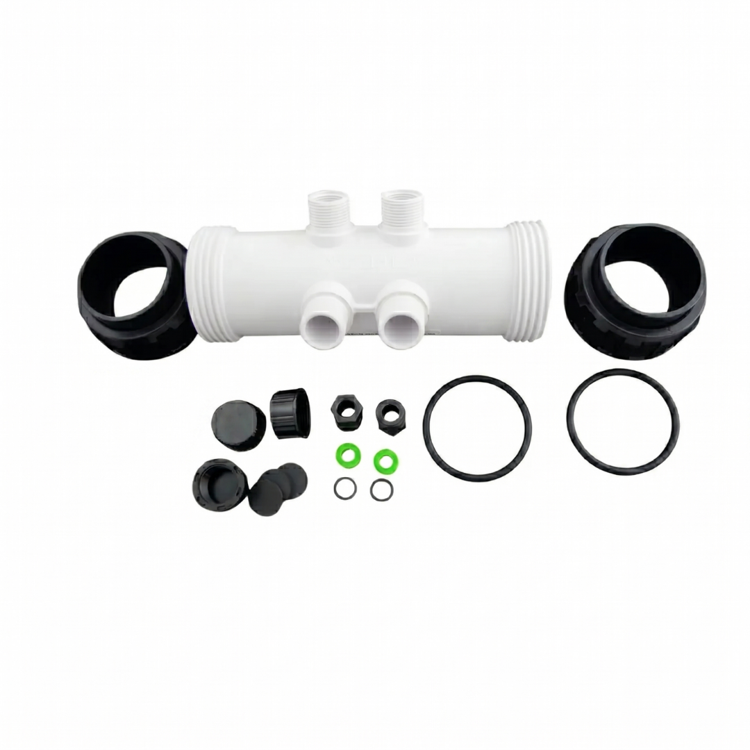 An AstralPool Halo multi-probe inline housing manifold installation kit, featuring a white PVC center body with four sensor ports, black barrel union lock nuts, rubber O-ring seals, and green sealing washers.