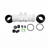 An AstralPool Halo multi-probe inline housing manifold installation kit, featuring a white PVC center body with four sensor ports, black barrel union lock nuts, rubber O-ring seals, and green sealing washers.