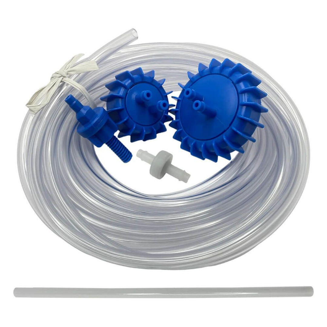 AstralPool Halo pH Doser installation kit accessories including a coil of clear PVC acid feed tubing, two blue multi-size chemical drum container caps, an inline non-return check valve, and an injection point fitting.