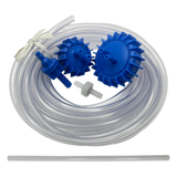 AstralPool Halo pH Doser installation kit accessories including a coil of clear PVC acid feed tubing, two blue multi-size chemical drum container caps, an inline non-return check valve, and an injection point fitting.