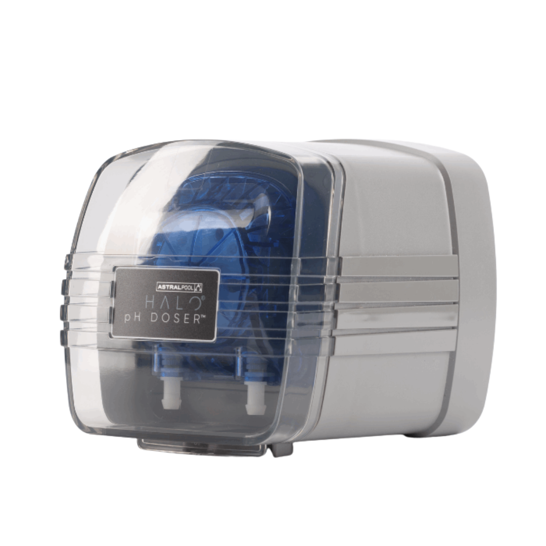 Side angled view of an AstralPool Halo pH Doser automatic chlorine and acid management pump unit, showing its protective clear plastic cover, blue peristaltic assembly, and grey main housing body.