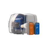 An AstralPool Halo pH Doser peristaltic acid dosing pump unit with its clear protective cover, displayed alongside a wireless orange chlorine sensor gold tip probe and a blue pH acid sensor probe.