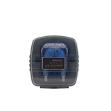 Front view of an AstralPool Halo pH Doser automatic acid dosing pump unit, showing the clear dark protective faceplate cover, internal blue peristaltic squeeze roller assembly, and twin bottom hose connectors.