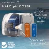 An AstralPool Halo pH Doser promotional graphic featuring the dosing pump unit, orange chlorine sensor, and blue pH probe with a pool background, highlighting features like quick and easy setup, balanced healthy water, and its Good Design Award winner badge.
