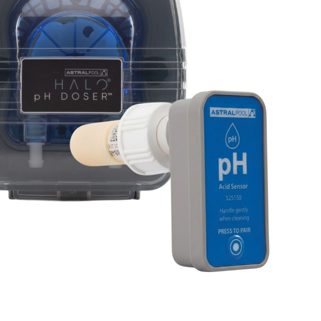 AstralPool Halo Bluetooth pH Probe Acid Sensor (Part 525150) shown alongside the AstralPool Halo pH Doser unit