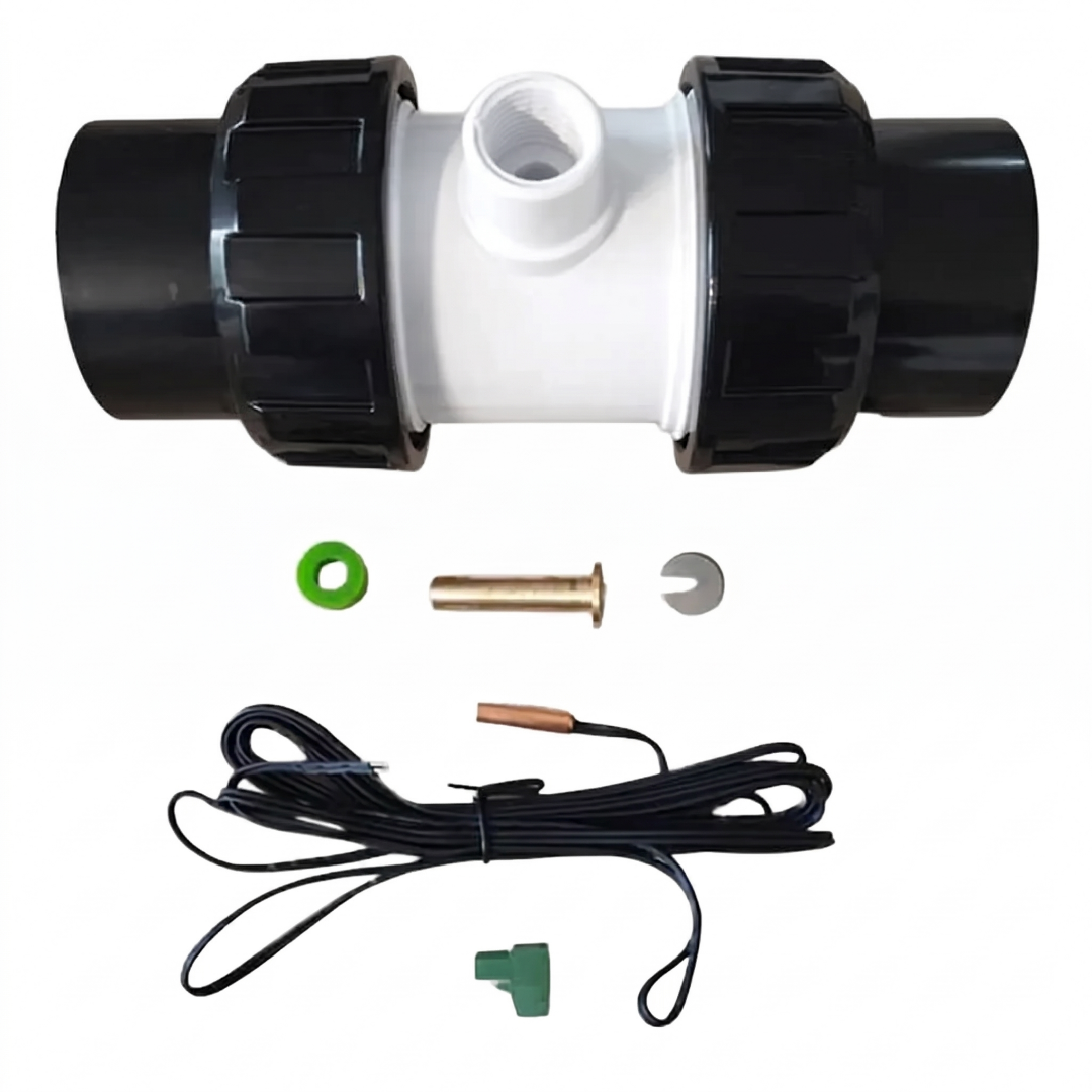 An AstralPool Halo inline probe housing tee manifold assembly with white PVC center section, black barrel union nuts, tailpieces, brass pocket thermowell components, and a coiled temperature sensor wire.