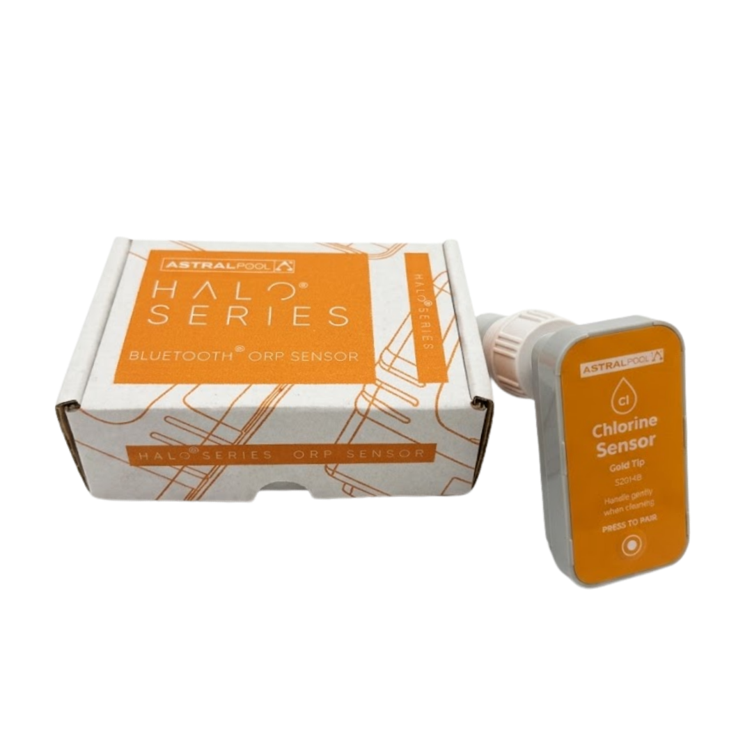 AstralPool Halo Series Bluetooth ORP chlorine sensor probe standing next to its original product packaging box
