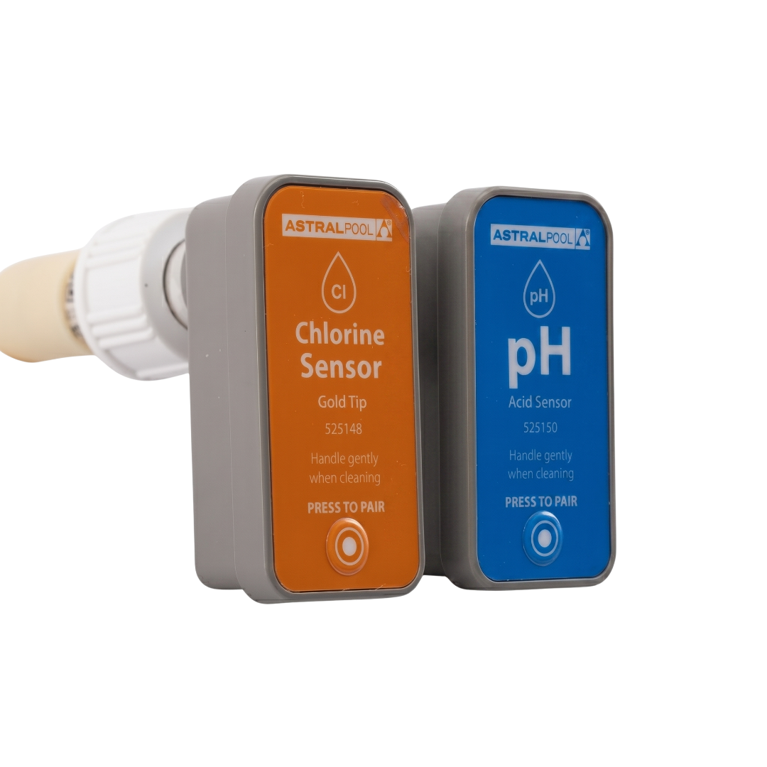 Angled close-up of AstralPool Halo wireless sensor probes, showing the orange chlorine gold tip sensor (part 525148) and blue pH acid sensor (part 525150) with grey housings and pairing buttons.