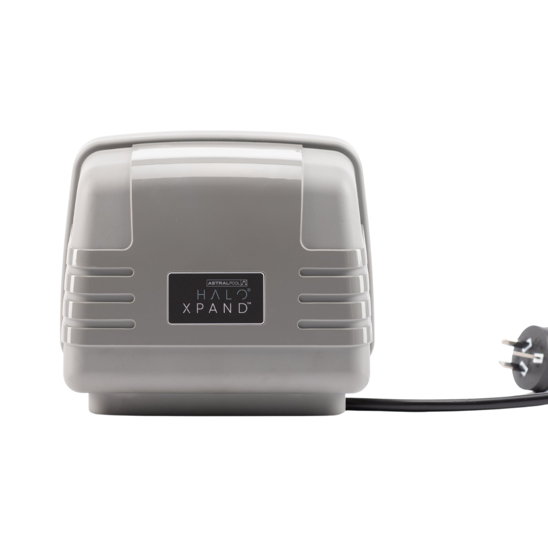 AstralPool Halo Xpand pool automation expansion module with attached power cord and 3-pin plug on a white background.