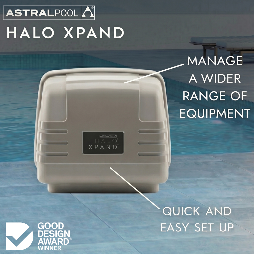 AstralPool Halo Xpand pool automation system features infographic showing a Good Design Award winner badge, poolside setting, and text highlighting quick setup and equipment management.