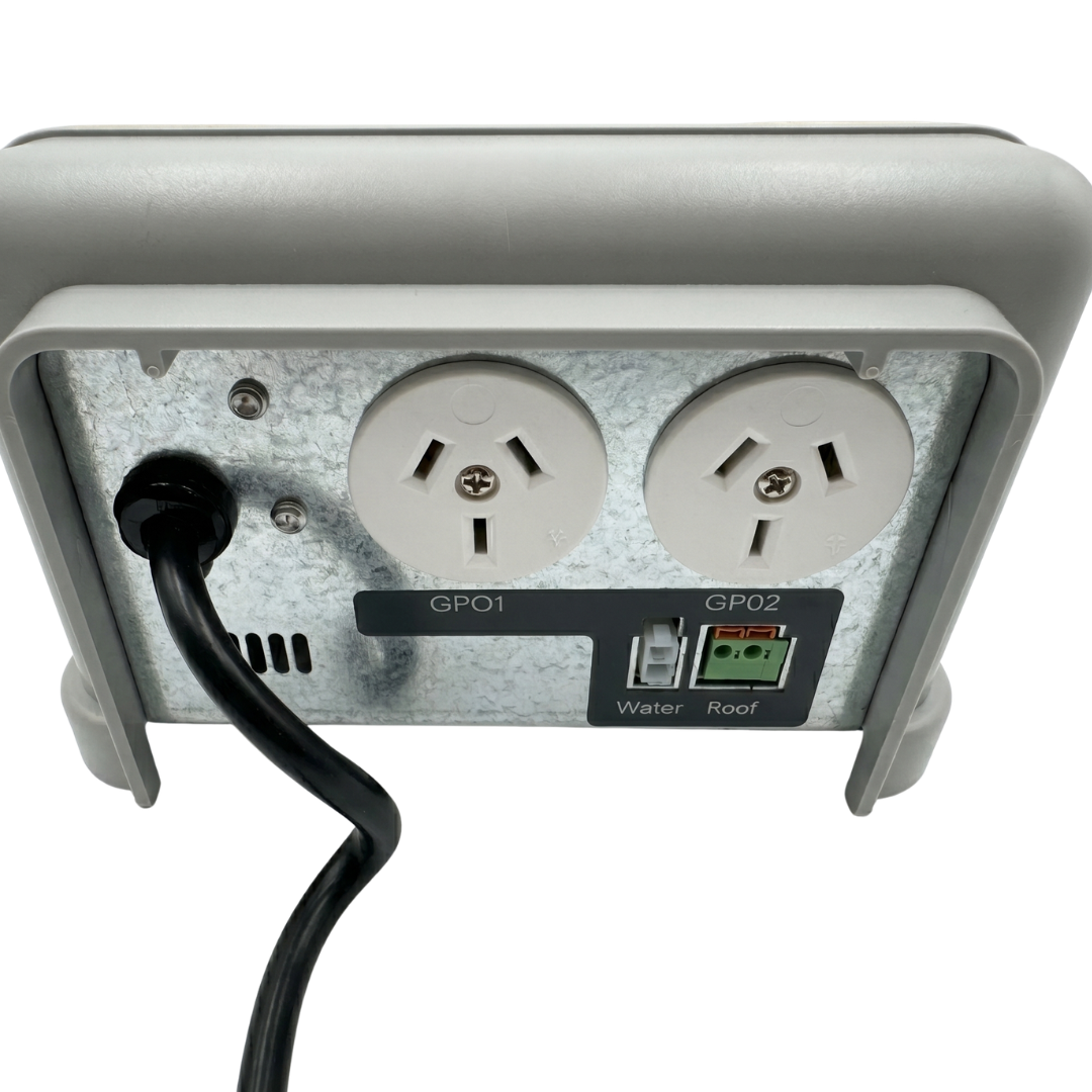 Bottom view of the AstralPool Halo Xpand controller showing two 240V GPO outlets labeled GPO1 and GPO2, alongside Water and Roof sensor connections.