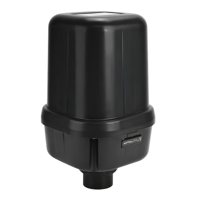 Three quarter side angle view of AstralPool SX1200 1200W spa air blower showing the bottom plumbing connection