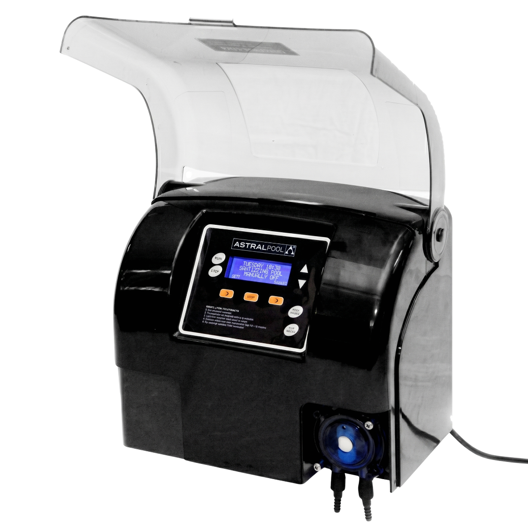 AstralPool Viron eQuilibrium salt chlorinator control unit with an open clear protective cover, showing the illuminated blue LCD screen displaying pool sanitizing settings and the integrated dosing pump.