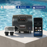 AstralPool Viron eQuilibrium salt chlorinator system with a smartphone displaying the ChlorinatorGO app interface, showcasing Bluetooth connectivity and Viron Connect compatibility next to a swimming pool.