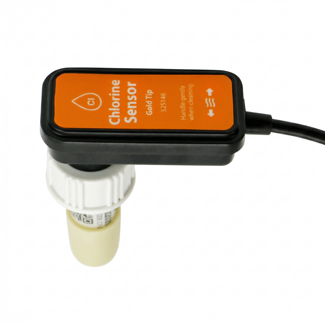 Top-down angled view of a genuine AstralPool Viron eQuilibrium gold tip chlorine sensor probe, showing its orange identification label with part number 525146, black head unit, and white plastic threaded installation collar.