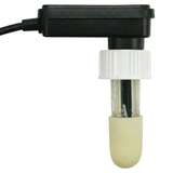 Side profile view of a replacement chlorine sensor probe for the AstralPool Viron eQuilibrium salt chlorinator, featuring its black plastic head housing, white threaded connection collar, and a protective tan rubber storage boot.