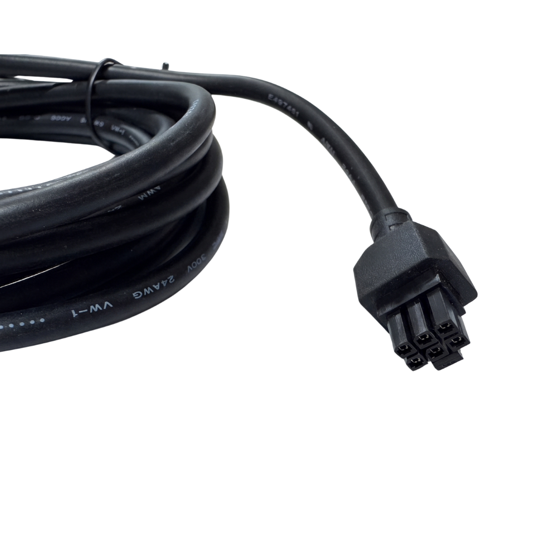 Close-up of the black 6-pin female molex power connector plug on the coiled lead cable for an AstralPool Viron eQuilibrium chlorine gold tip sensor.