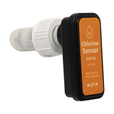 Angled close-up of a genuine AstralPool Viron eQuilibrium chlorine sensor gold tip probe, showcasing the orange faceplate label with part number 525146, a white plastic threaded lock nut, and a translucent protective probe tip cover.