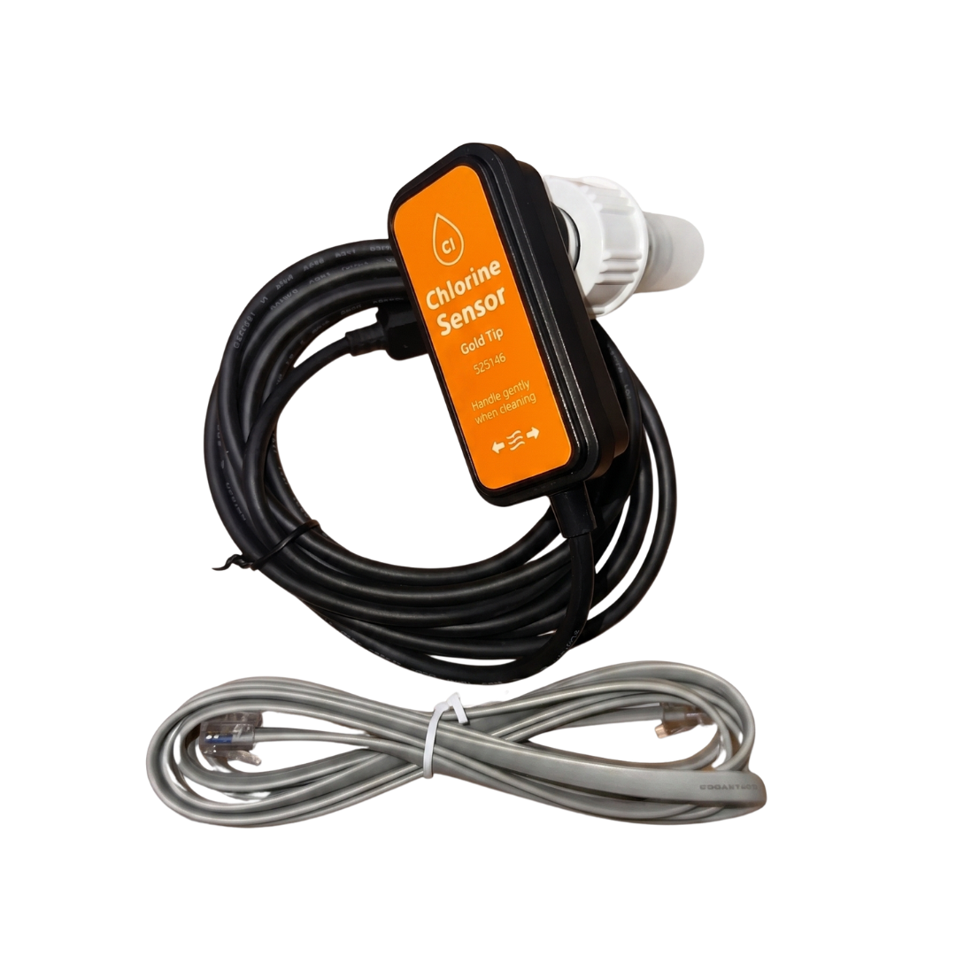 AstralPool Viron eQuilibrium replacement chlorine gold tip sensor probe (part number 525146) with coiled black connection cable and a separate bundled grey RJ11 data communication cable.
