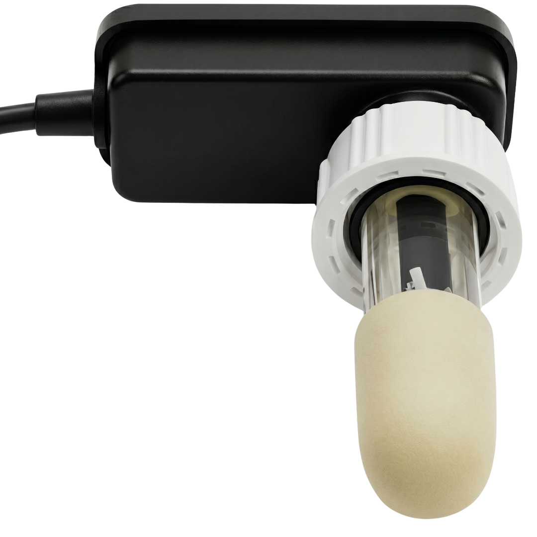 Underside close-up view of an AstralPool Viron eQuilibrium chlorine sensor probe, showing the clear glass sensor body, a white threaded installation ring collar, and a protective tan rubber storage cap.
