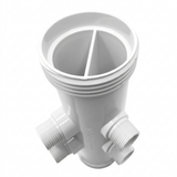 Top-down perspective view looking inside the clear white plastic inline mixing cell housing for an AstralPool Viron eQuilibrium chlorinator, highlighting the molded internal divider baffle and threaded sensor ports.