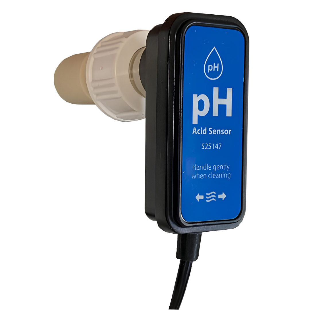 Vertical close-up view of an AstralPool Viron eQuilibrium pH acid sensor probe, showcasing the blue label with part number 525147, care instructions, white threaded lock nut, and protective rubber bulb storage cap.