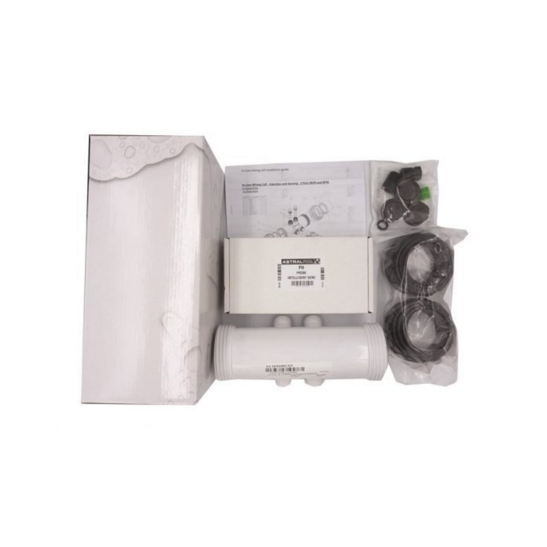Complete genuine AstralPool Viron eQuilibrium pH sensor and dosing installation kit, laid out with its white PVC inline mixing cell manifold housing, product box, instruction guide manual, and bagged installation components.