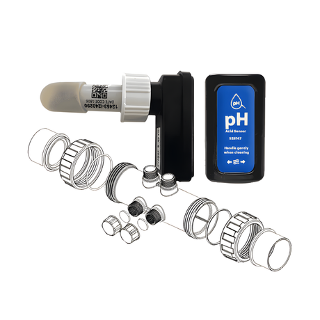 AstralPool Viron eQuilibrium replacement pH sensor kit featuring a genuine acid probe with rubber protective boot, blue sensor identification label, and a technical line drawing of the manifold plumbing installation setup.