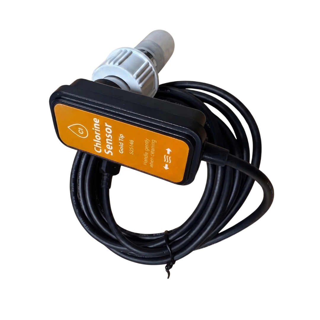 A genuine replacement orange chlorine sensor gold tip probe for AstralPool Viron eQuilibrium salt chlorinators, featuring part number 525146, white plastic lock collar, and a long coiled black connection power cable.