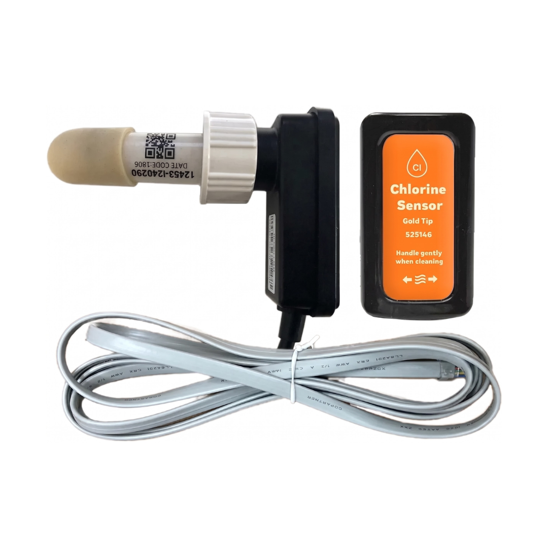 A genuine replacement orange chlorine sensor gold tip probe for AstralPool Viron eQuilibrium chlorinators, showing part number 525146, a white threaded retaining nut, a protective tip cap, and an attached grey ribbon cable.