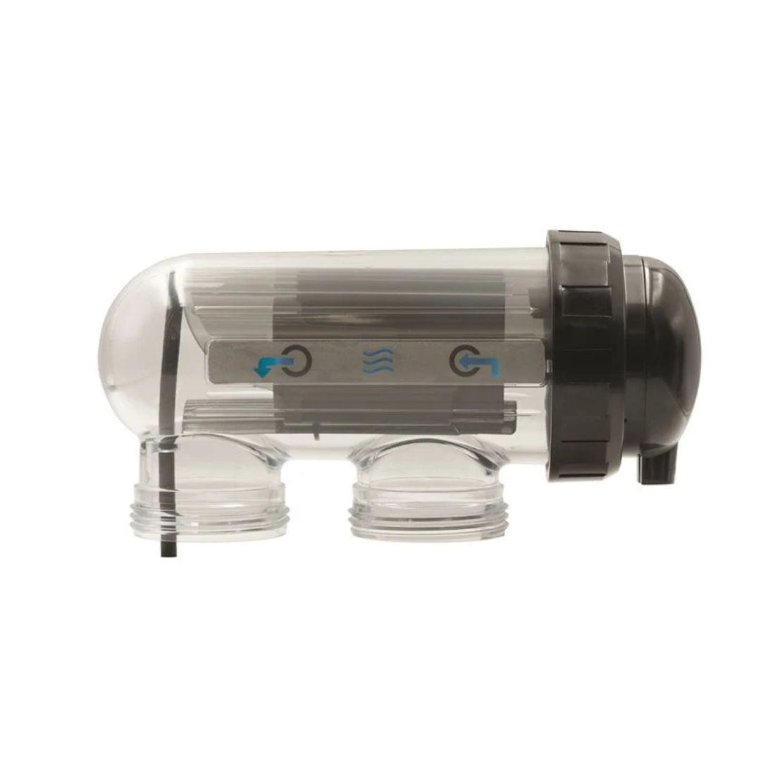 Side view of a clear replacement electrolytic saltwater cell housing for the AstralPool Viron eQuilibrium chlorinator, showing internal metal plates, water flow direction arrows, and a black lock ring cap.