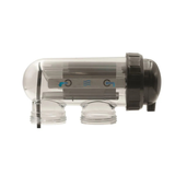 Side view of a clear replacement electrolytic saltwater cell housing for the AstralPool Viron eQuilibrium chlorinator, showing internal metal plates, water flow direction arrows, and a black lock ring cap.