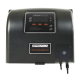 Straight front view of an AstralPool Viron eQuilibrium salt chlorinator control unit, showcasing the digital user interface, control buttons, brand logo, and the lower acid dosing pump connection barbs.