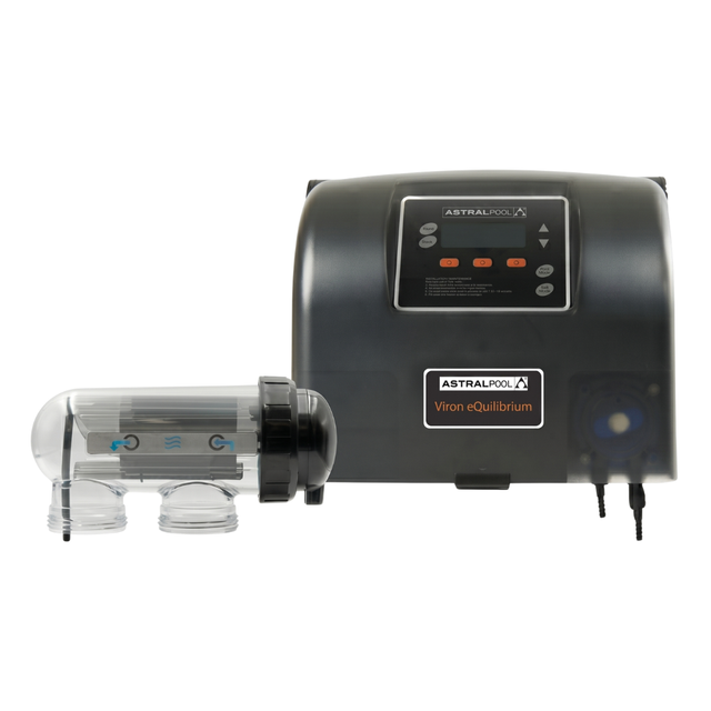 AstralPool Viron eQuilibrium salt chlorinator control box showing the digital display panel alongside its clear plastic electrolytic saltwater cell housing.