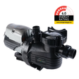 Three-quarter studio view of an AstralPool Viron P320XT eVo Variable Speed pool pump featuring an integrated LCD control module on the motor, clear strainer lid, Viron XT branding, and a 6.0-star energy rating badge isolated on white.