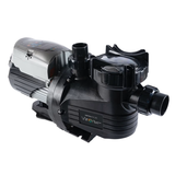 Three-quarter studio view of an AstralPool Viron P320XT eVo Variable Speed pool pump, displaying the top-mounted LCD control interface, clear lint pot lid, front suction union, and Viron XT branding isolated on white.