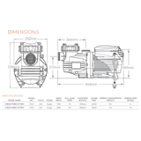 Technical dimensional schematic drawing showing front and side elevation measurements together with a model specifications table for the AstralPool Viron XT series variable speed pool pumps isolated on white.