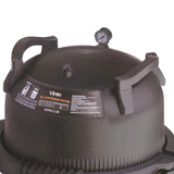 Close-up view of the black AstralPool Viron QL series cartridge filter tank lid featuring dual molded handles an top pressure gauge and product instruction label