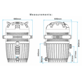 Technical dimensional drawing of the AstralPool Viron QL420 and QL540 filter tank showing installation measurements including a total height of 943mm and maximum width of 690mm
