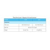 Technical specifications table for AstralPool Viron QL420 and QL540 pool filters comparing filter area max flow rate of 500 lpm and equipment weights